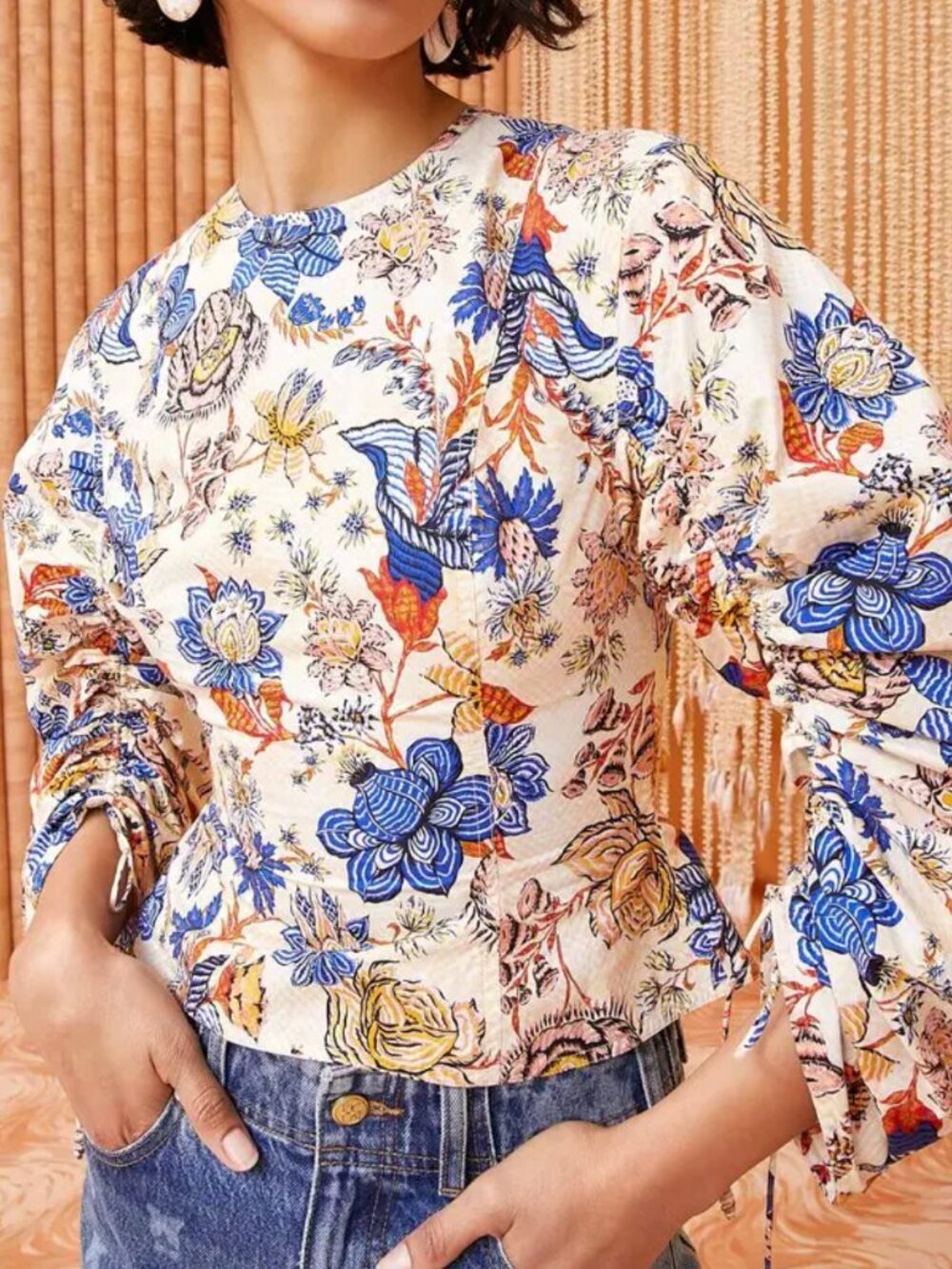 Ulla Johnson Cream Floral Cotton Top with Navy, Pink & Yellow Accents